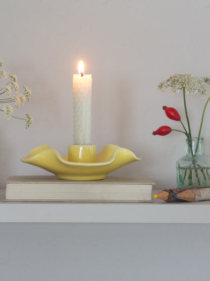 Vintage 1930s Butter Yellow Scalloped Studio Pottery Candle Holder