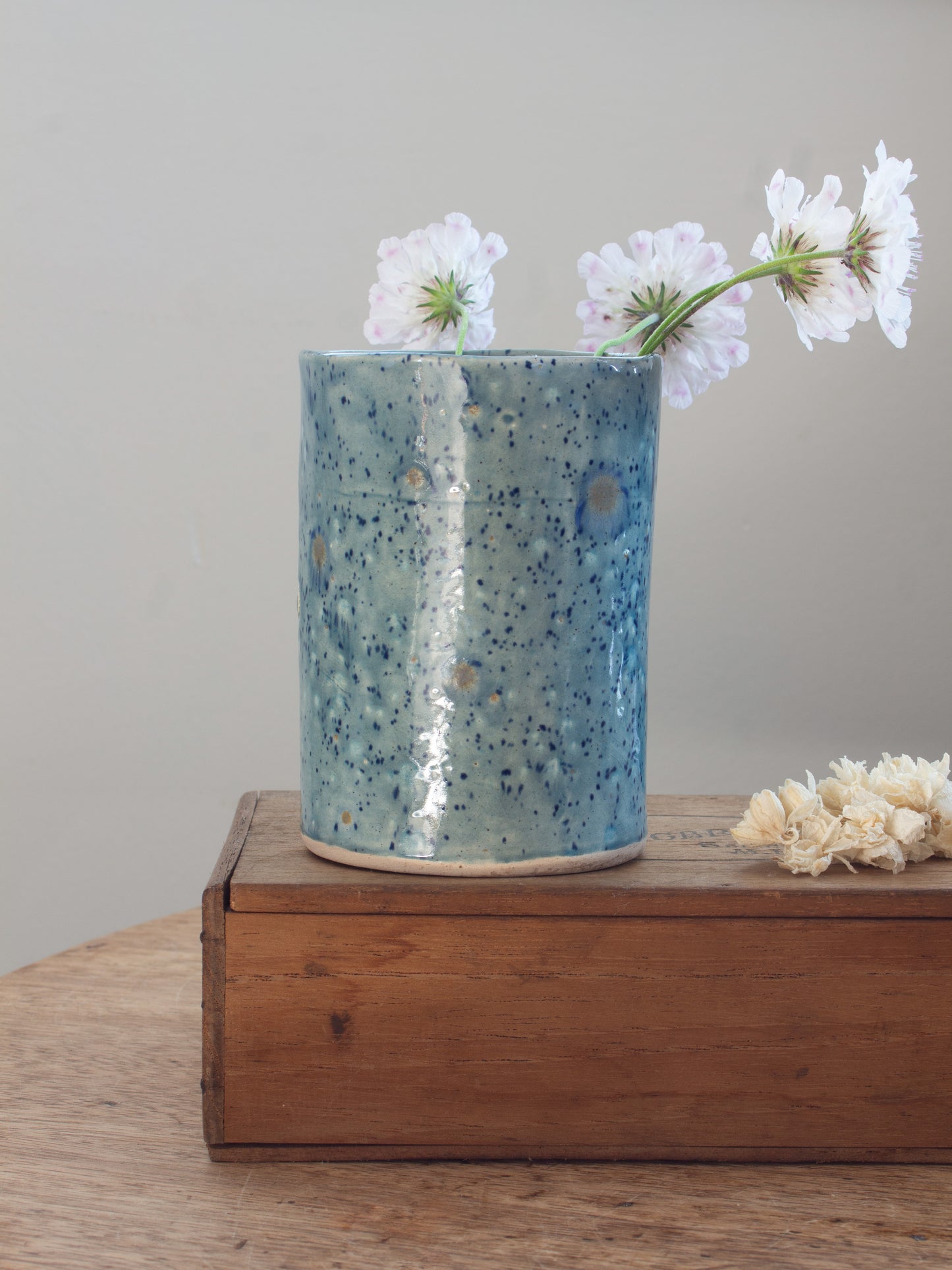 Vintage Blue Speckled Floral Studio Pottery Vessel
