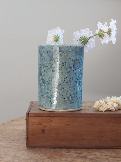 Vintage Blue Speckled Floral Studio Pottery Vessel