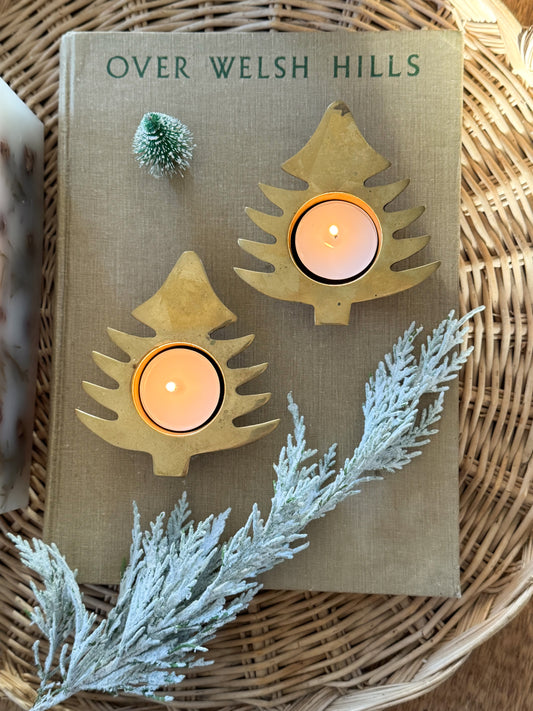 Vintage Brass Christmas Tree Tea-Light Holder Pair