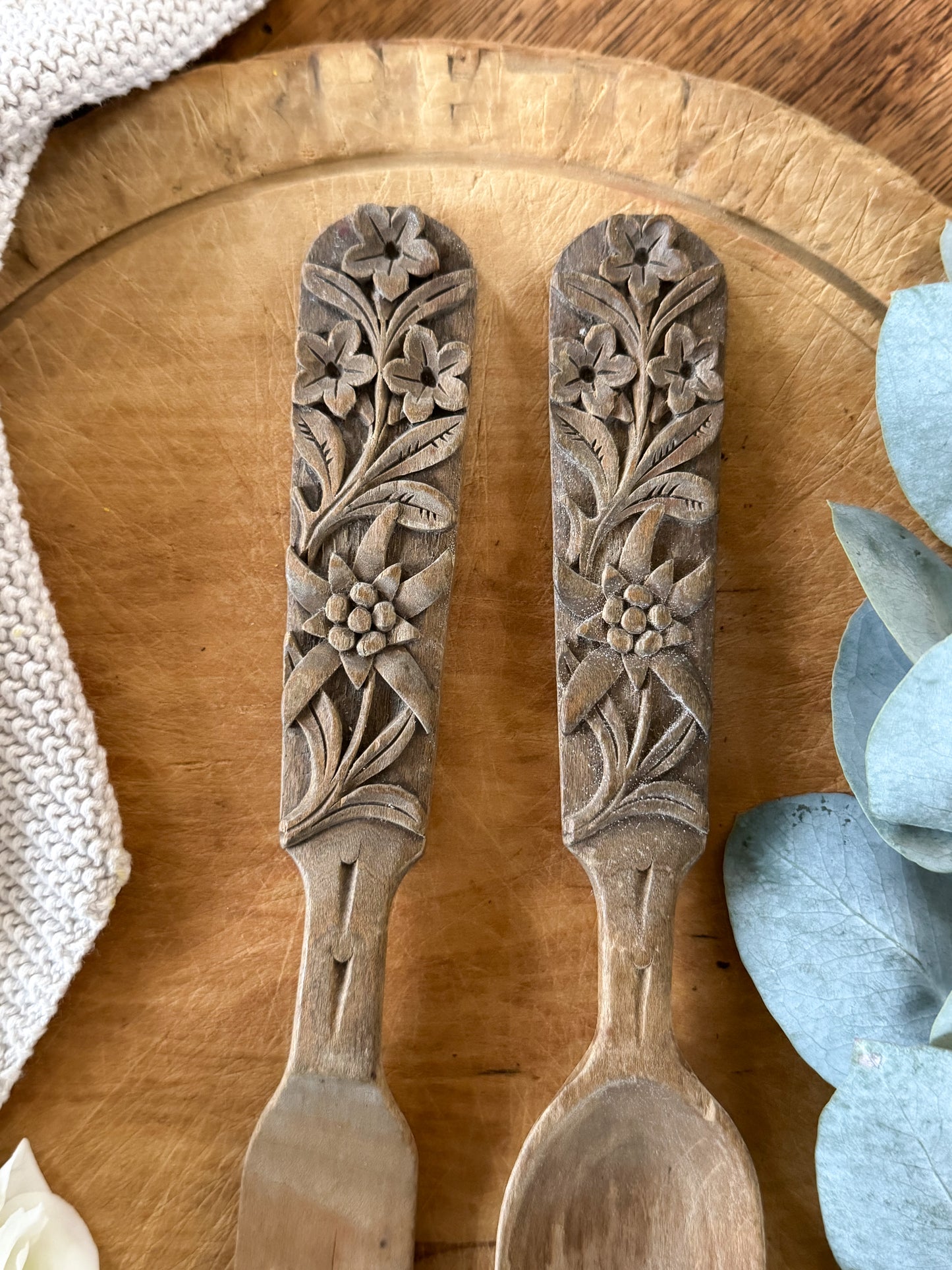 Vintage Hand-Carved German Floral Serving Set | Fork & Spoon | Made in Oberammergau