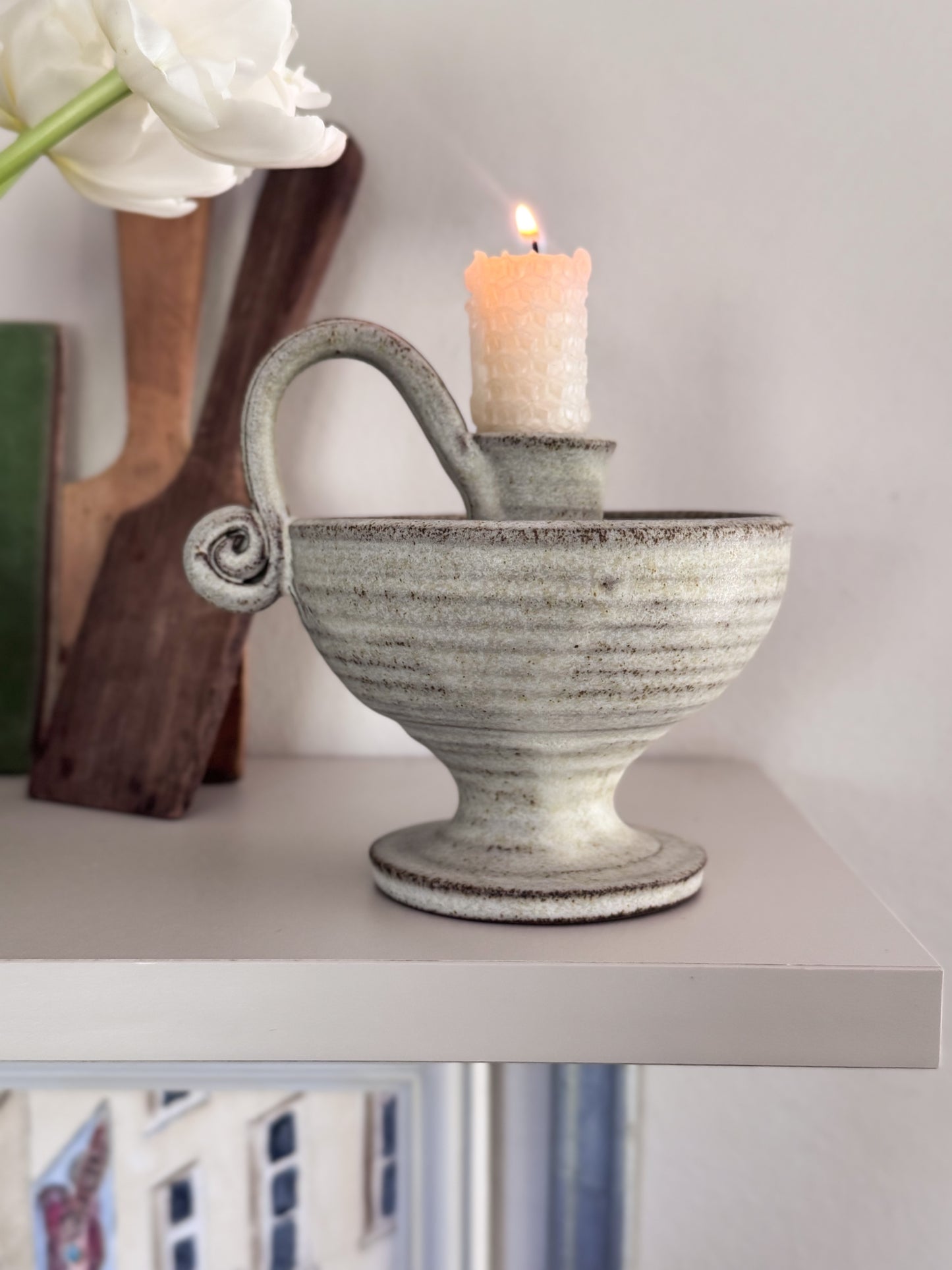 Vintage Studio Pottery Pedestal Chamberstick with Looped Handle - Hassall Dunbar, Scotland