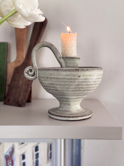 Vintage Studio Pottery Pedestal Chamberstick with Looped Handle - Hassall Dunbar, Scotland