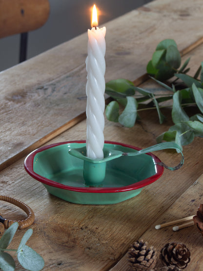 Vintage 1950s Red & Green Enamel Chamberstick Candle Holder