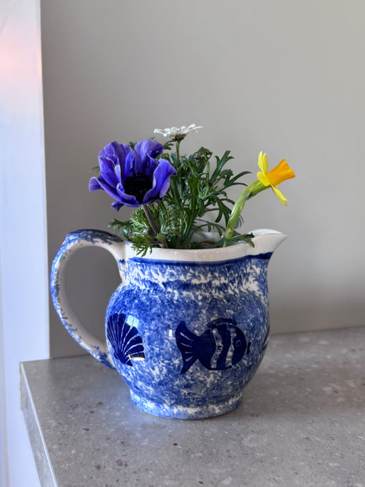 Vintage Windermere Blue & White Spongeware Jug - Hand Decorated English Coastal Pottery