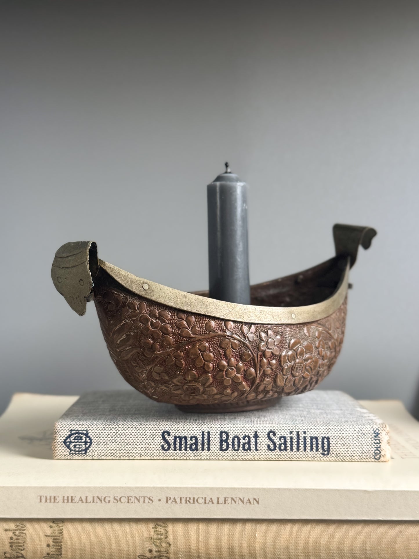 Antique Copper & Brass Boat Shaped Candle Holder with Floral Etchings