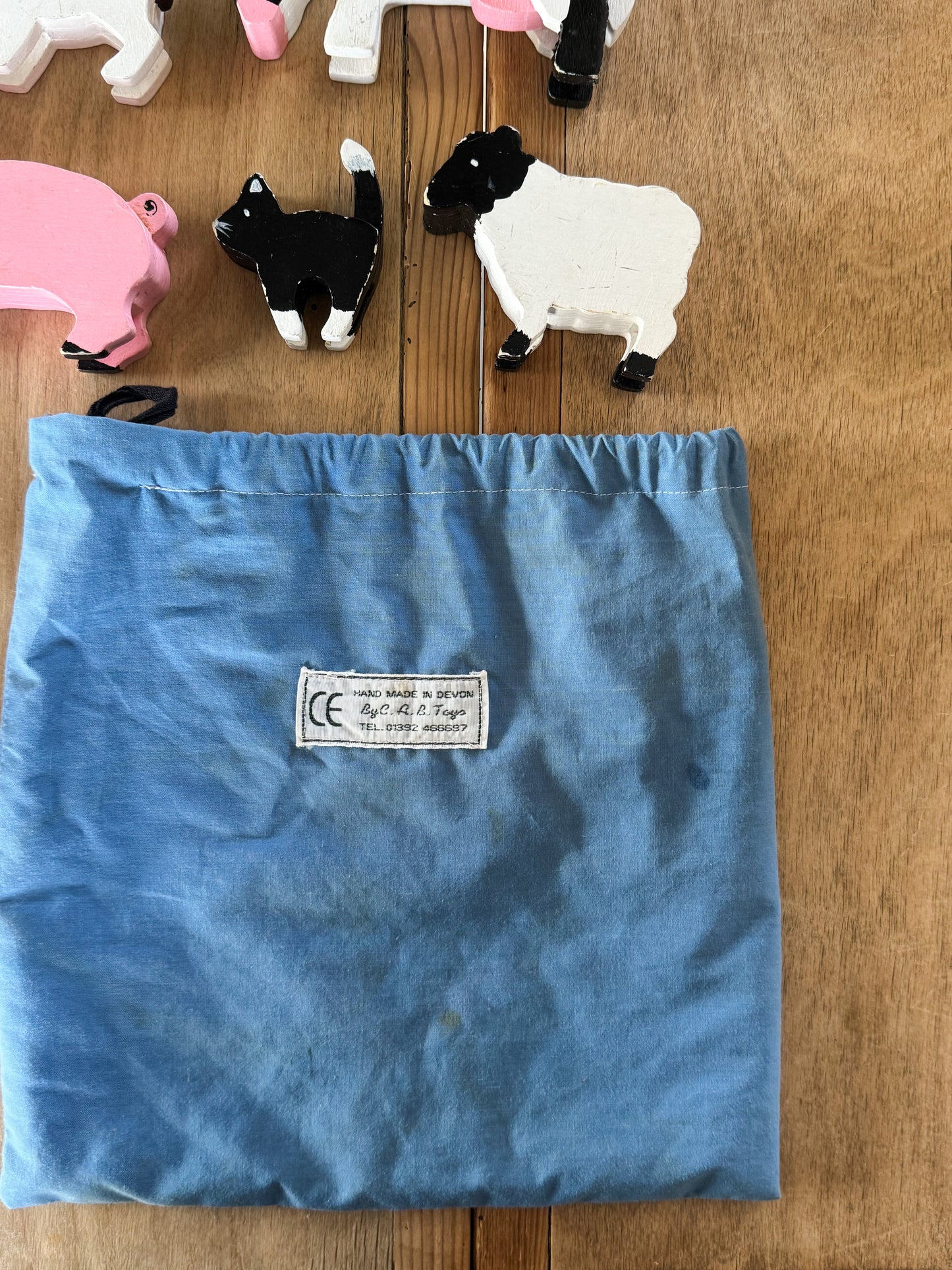 Vintage Handmade Wooden Farm Animal Set - with Original Handmade Patchwork Bag