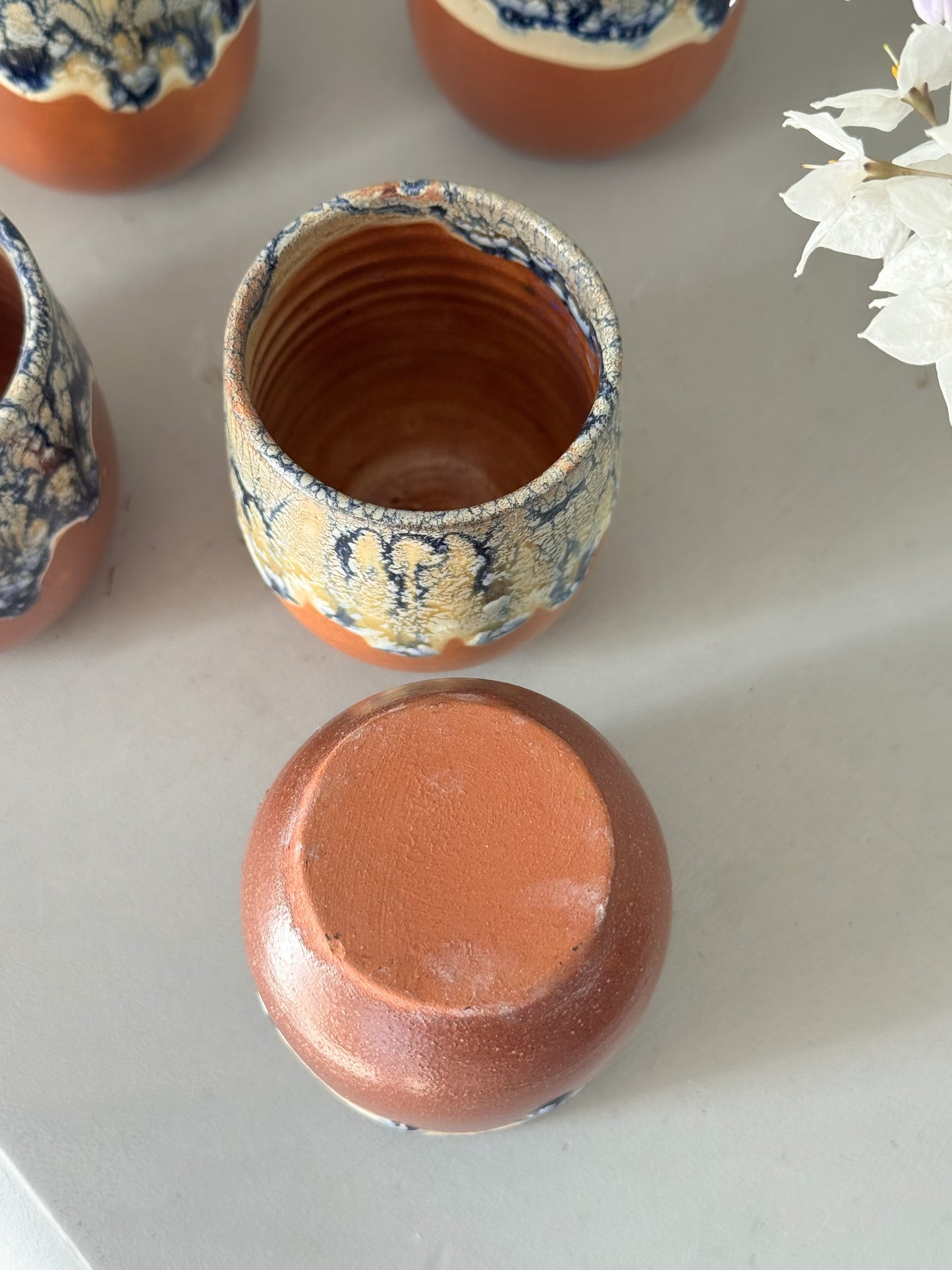 Set of 5 Vintage Studio Pottery Drip Glaze Tumblers