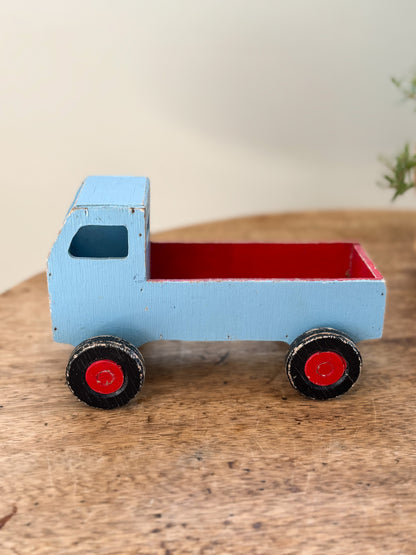Vintage 1950s Handmade Folk Art Wooden Truck, Blue & Red Chippy Paint
