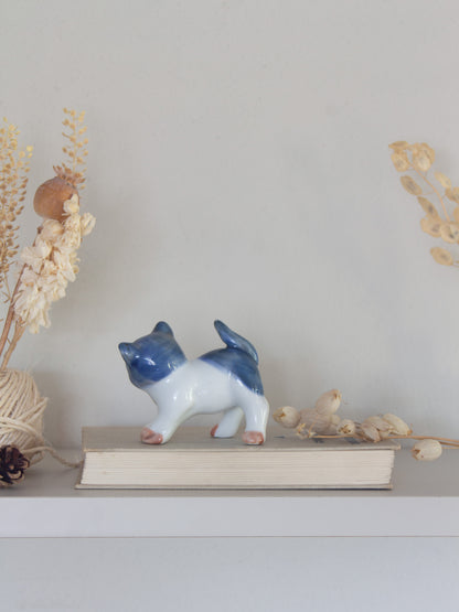 Vintage Miniature Hand-Painted Blue & White Porcelain Kitten Figurine