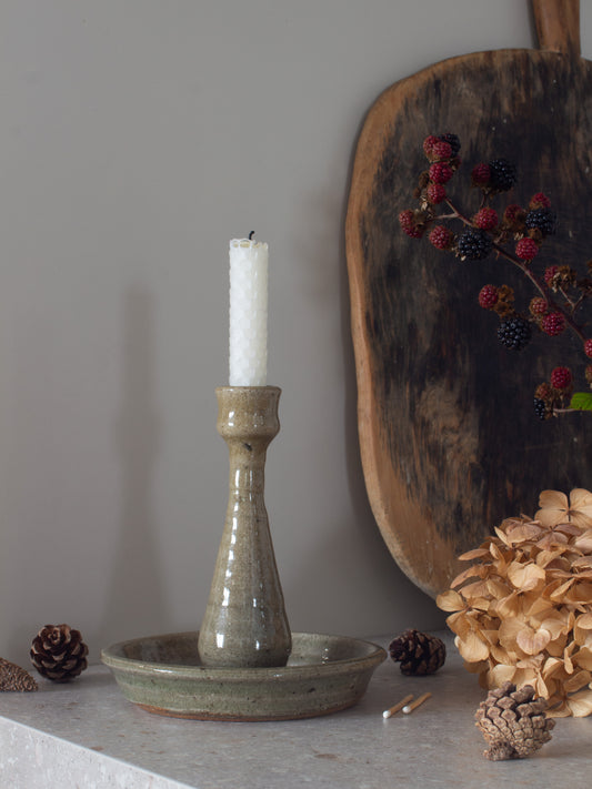 Vintage Olive Green Studio Pottery Candle Holder with Drip Tray