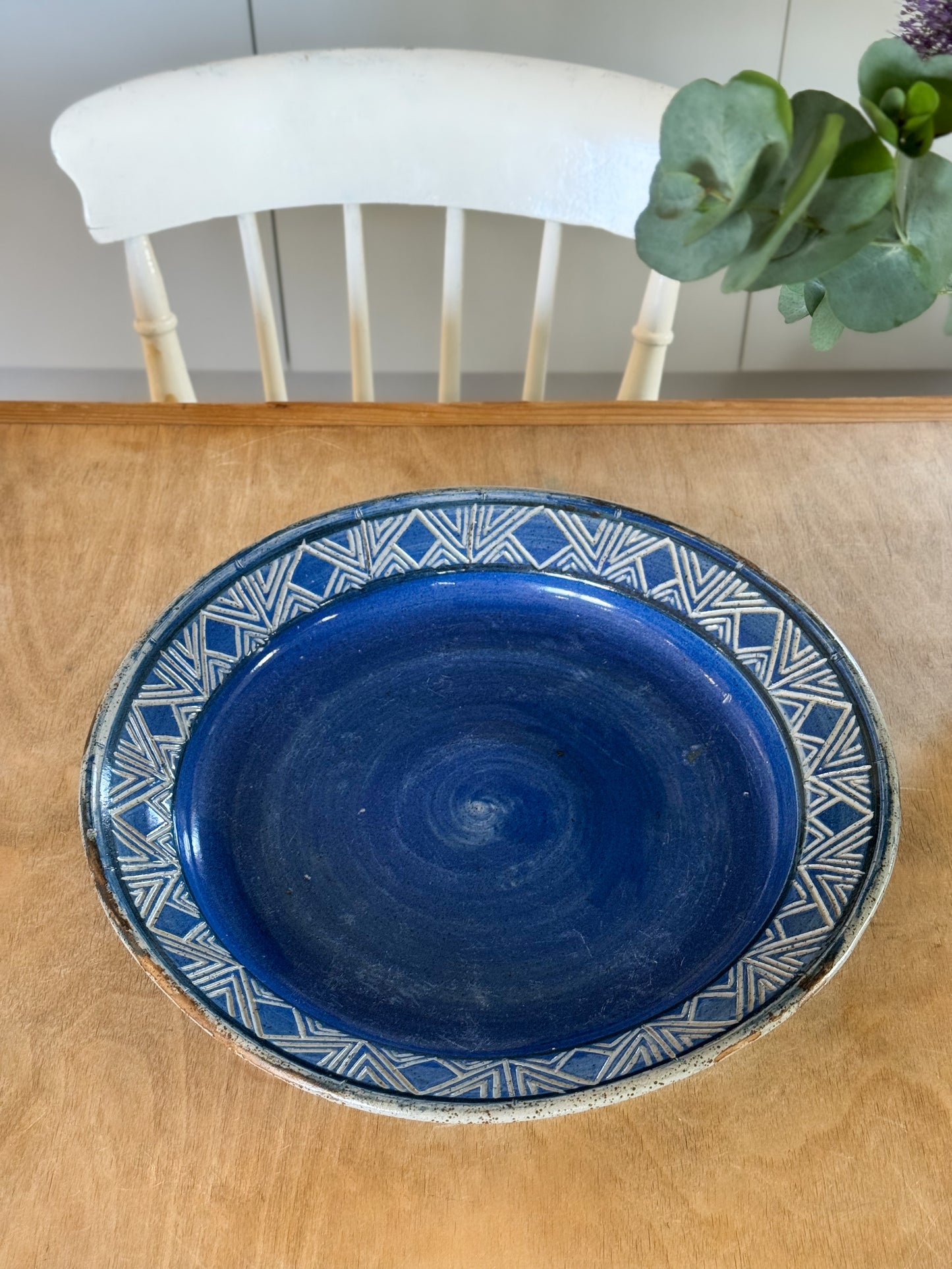Vintage Large Blue Glaze One-of-a-Kind Studio Pottery Bowl - Signed Jane (1985)