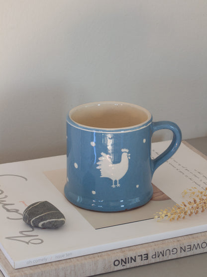 Vintage Studio Pottery Blue Polka Dot Chicken Mug