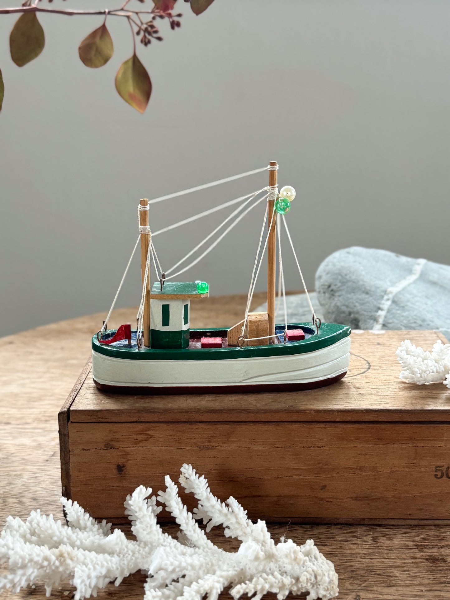 Vintage Handmade & Hand-Painted Wooden Fishing Boat (Green & White)