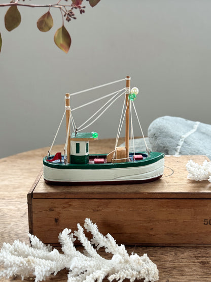 Vintage Handmade & Hand-Painted Wooden Fishing Boat (Green & White)