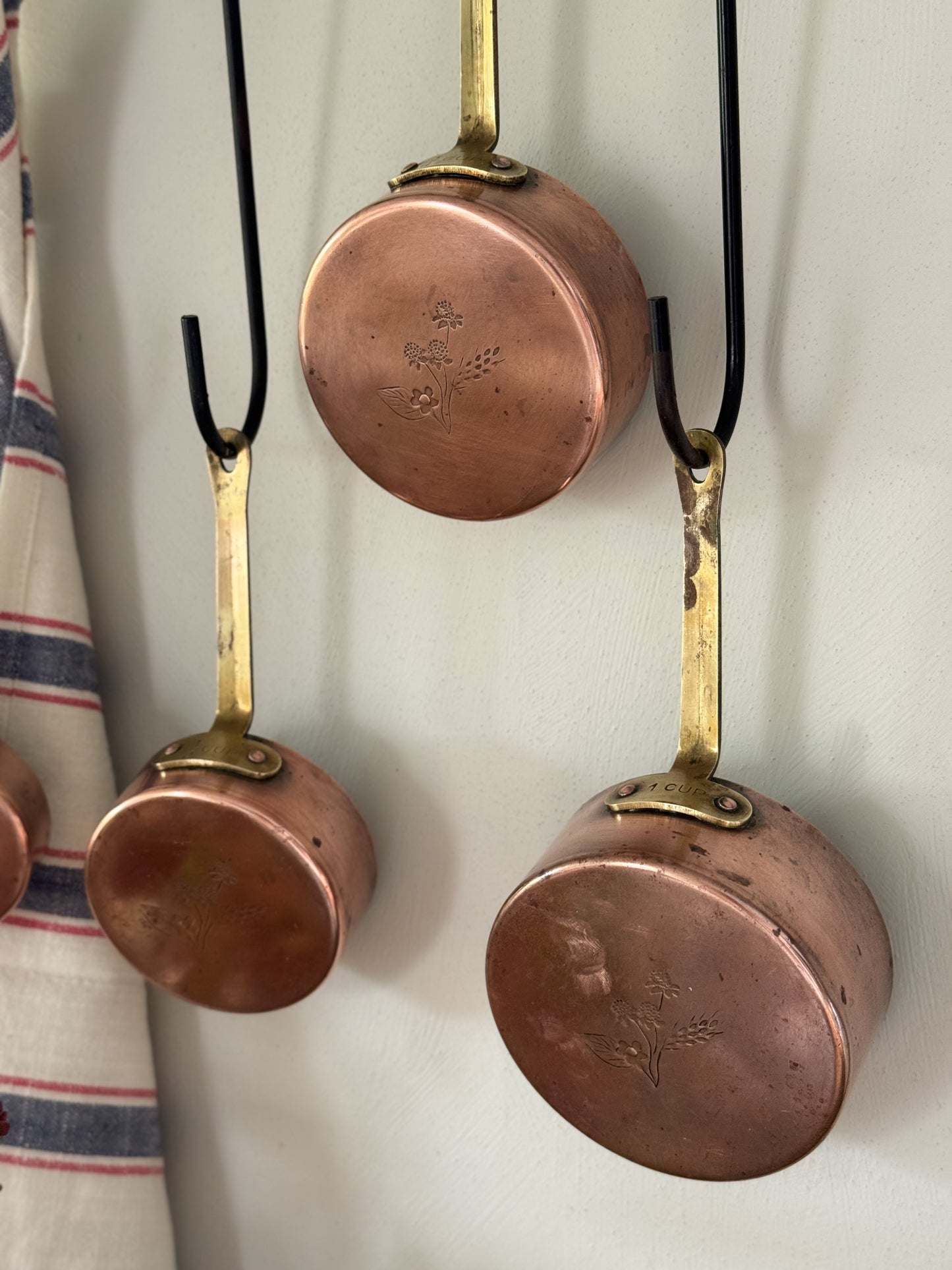 Vintage Handmade Copper Measuring Cups with Floral Etchings (Set of 4)