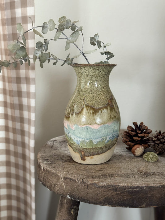 Vintage Studio Pottery Drip Glaze Vase, Olive Green, Sea Blue & Sand