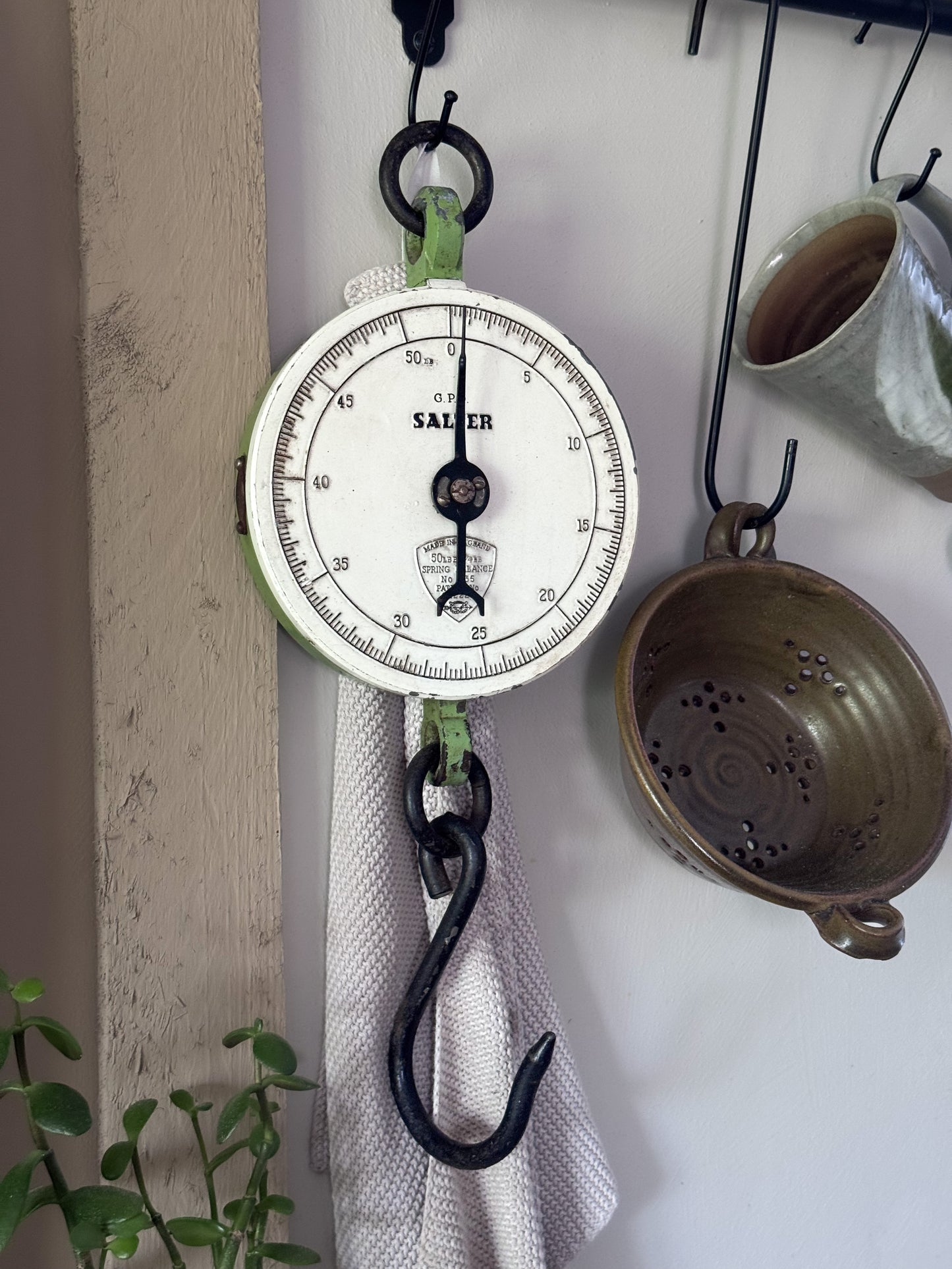 Vintage 1950s SALTER 235 Hanging Spring Balance Weighing Scale, 50lb Enamel Face • Green Chippy Paint