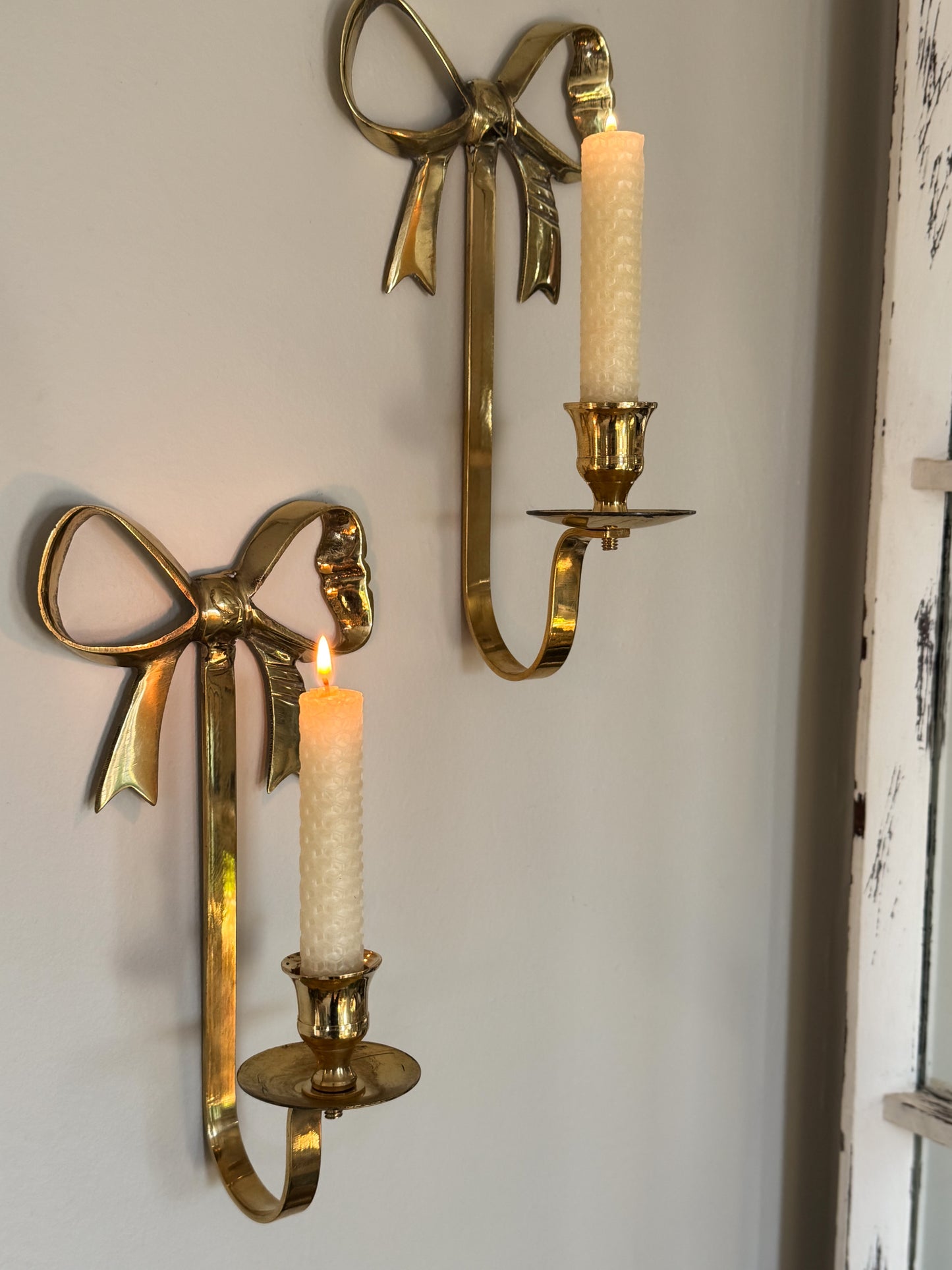Vintage Pair of Solid Brass Bow Wall Sconces