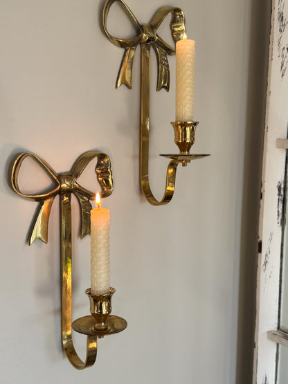 Vintage Pair of Solid Brass Bow Wall Sconces