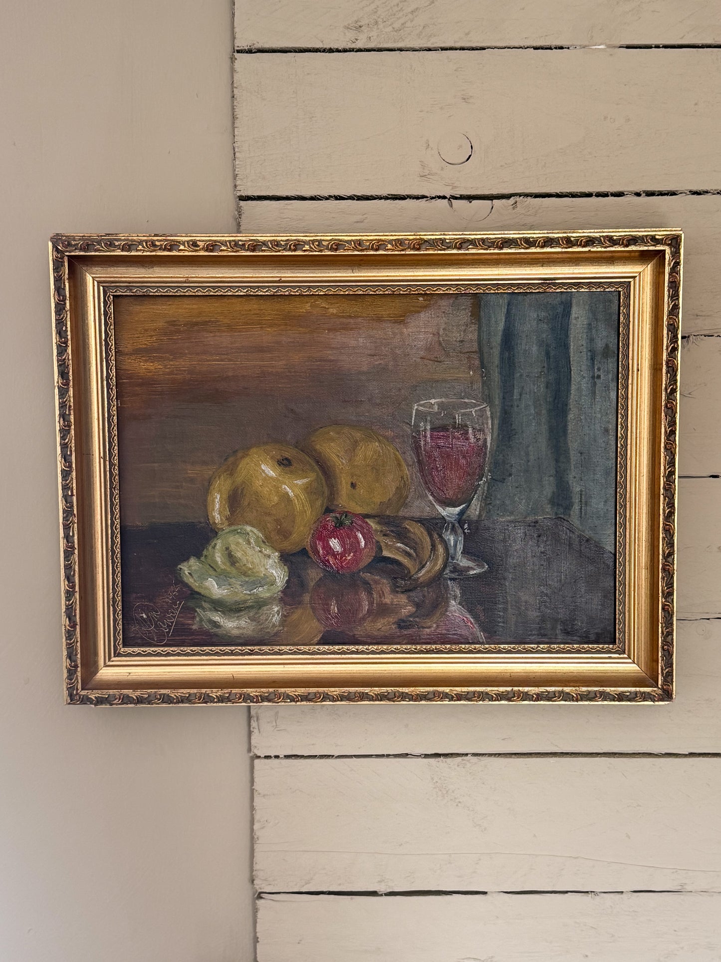 Vintage 1955 Signed Oil on Canvas Still Life Painting in Ornate Gilt Frame