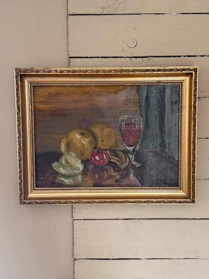 Vintage 1955 Signed Oil on Canvas Still Life Painting in Ornate Gilt Frame