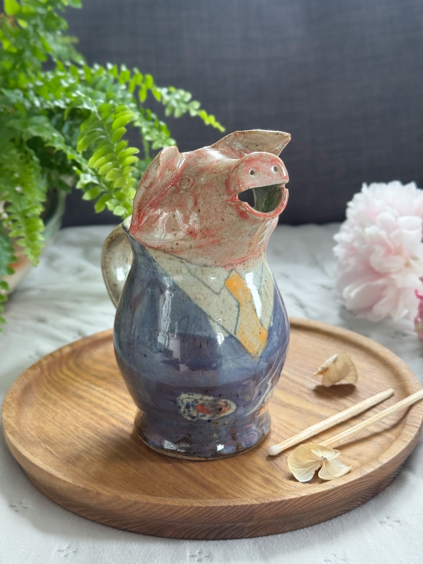 Very Rare Peter Arnold Studio Pottery Jug, Suited Pig Character, Alderney Pottery