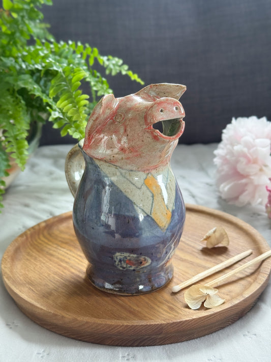 Very Rare Peter Arnold Studio Pottery Jug, Suited Pig Character, Alderney Pottery