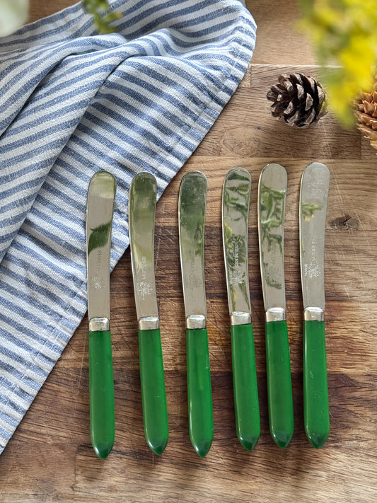 Vintage 1950s Stainless Steel Scotia Butter Knives with Green Bakelite Handles (Set of 6)