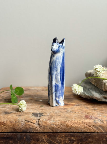 Vintage Handmade Studio Pottery Cat Sculpture with Blue Drip Glaze