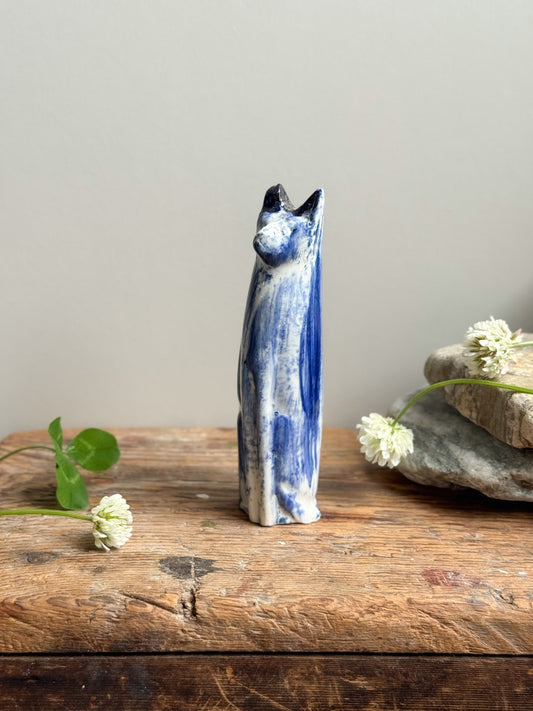 Vintage Handmade Studio Pottery Cat Sculpture with Blue Drip Glaze