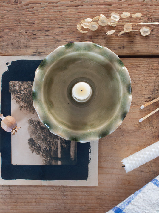 Vintage Thai Celadon Green Studio Pottery Scalloped Candle Holder