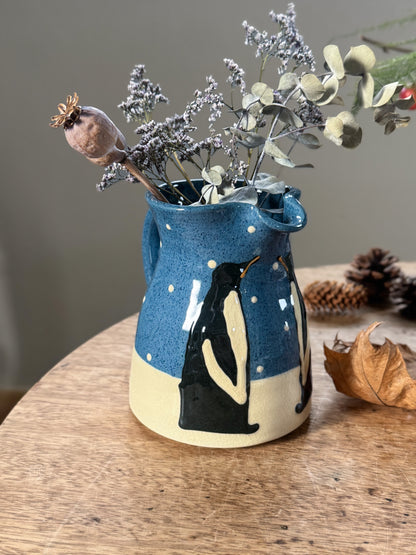 Vintage Handmade Studio Pottery ‘Penguins in the Snow’ Slipware Jug