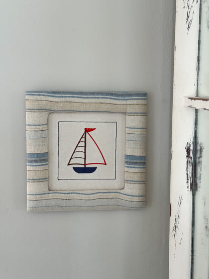 Embroidered Sail Boat in Fabric Frame