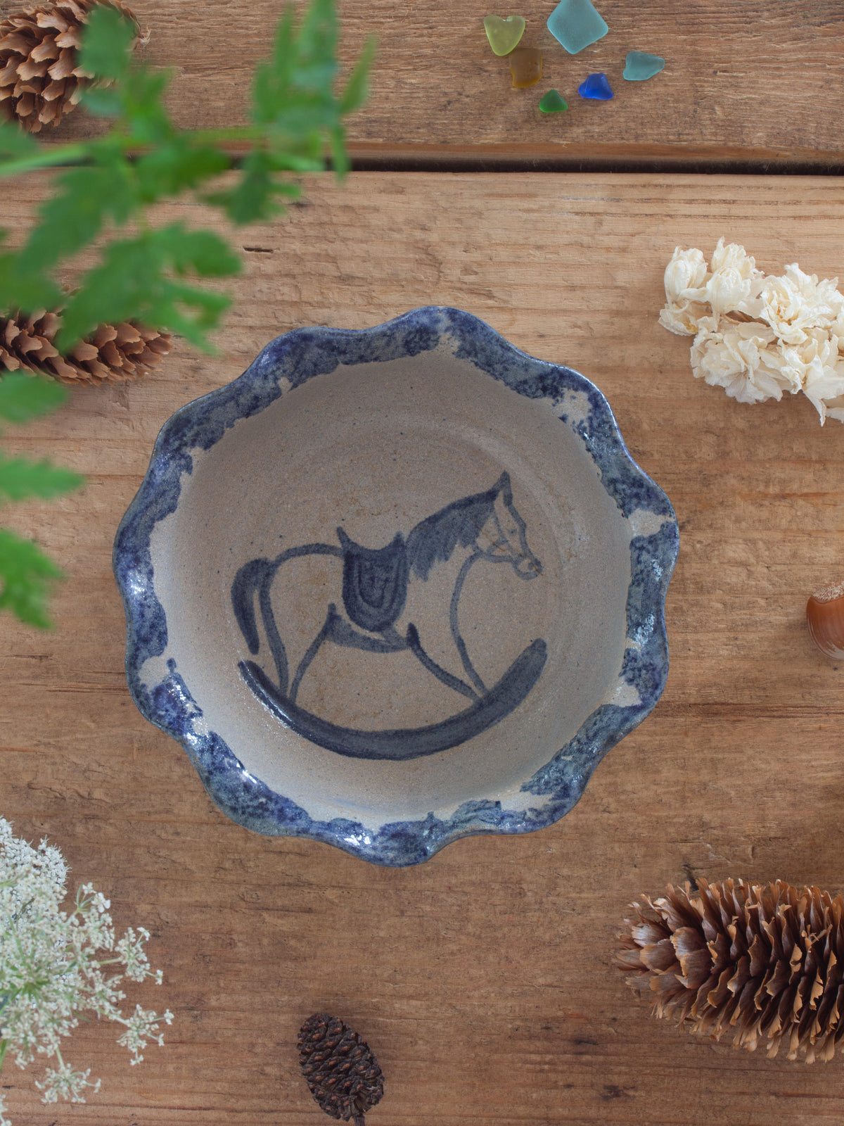Vintage Studio Pottery Rocking Horse Scalloped Bowl