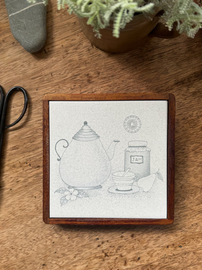 Vintage Welsh Studio Pottery ‘Tea & Jam’ Trivet in Solid Teak - Handmade in Llanfairpwllgwyngyll