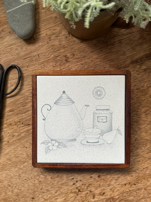 Vintage Welsh Studio Pottery ‘Tea & Jam’ Trivet in Solid Teak - Handmade in Llanfairpwllgwyngyll