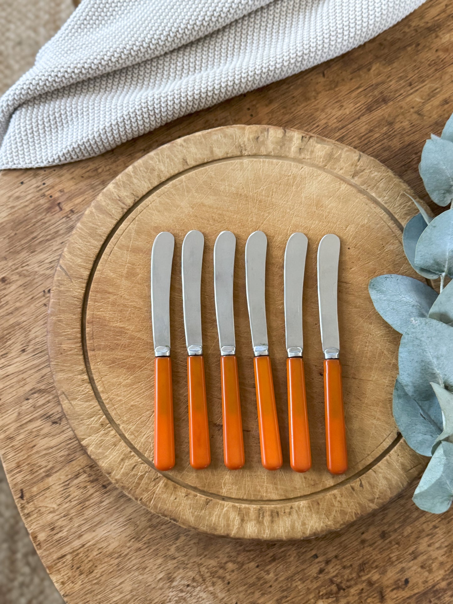 Vintage Orange Handled Chrome Plated Tea Knives, Butter Knives | Set of 6, Made in Sheffield