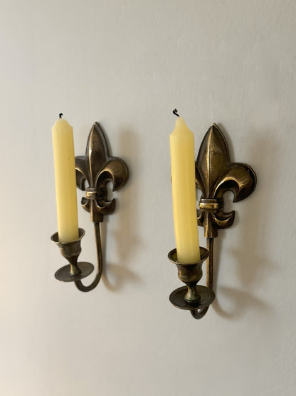 Pair of Vintage Brushed Brass Fleur-de-lis Sconces