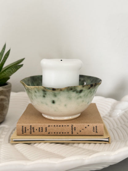 Vintage Studio Pottery Bowl with Scalloped Edge and Painterly Green Glaze
