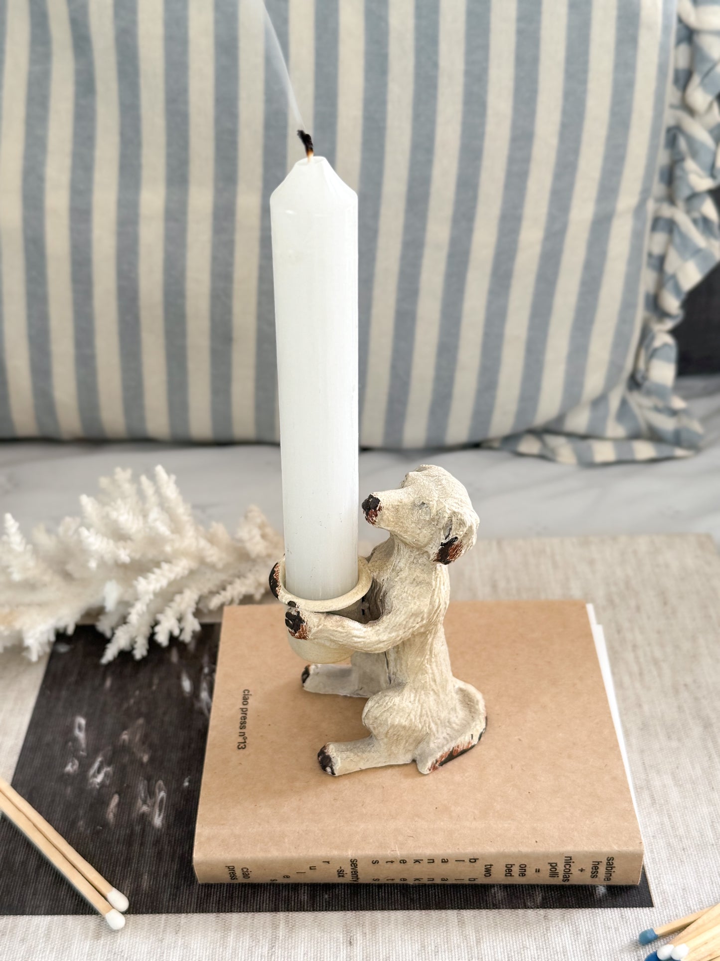 Vintage 1940s–1950s Handpainted Cast Iron Dog Candleholder / Match Holder
