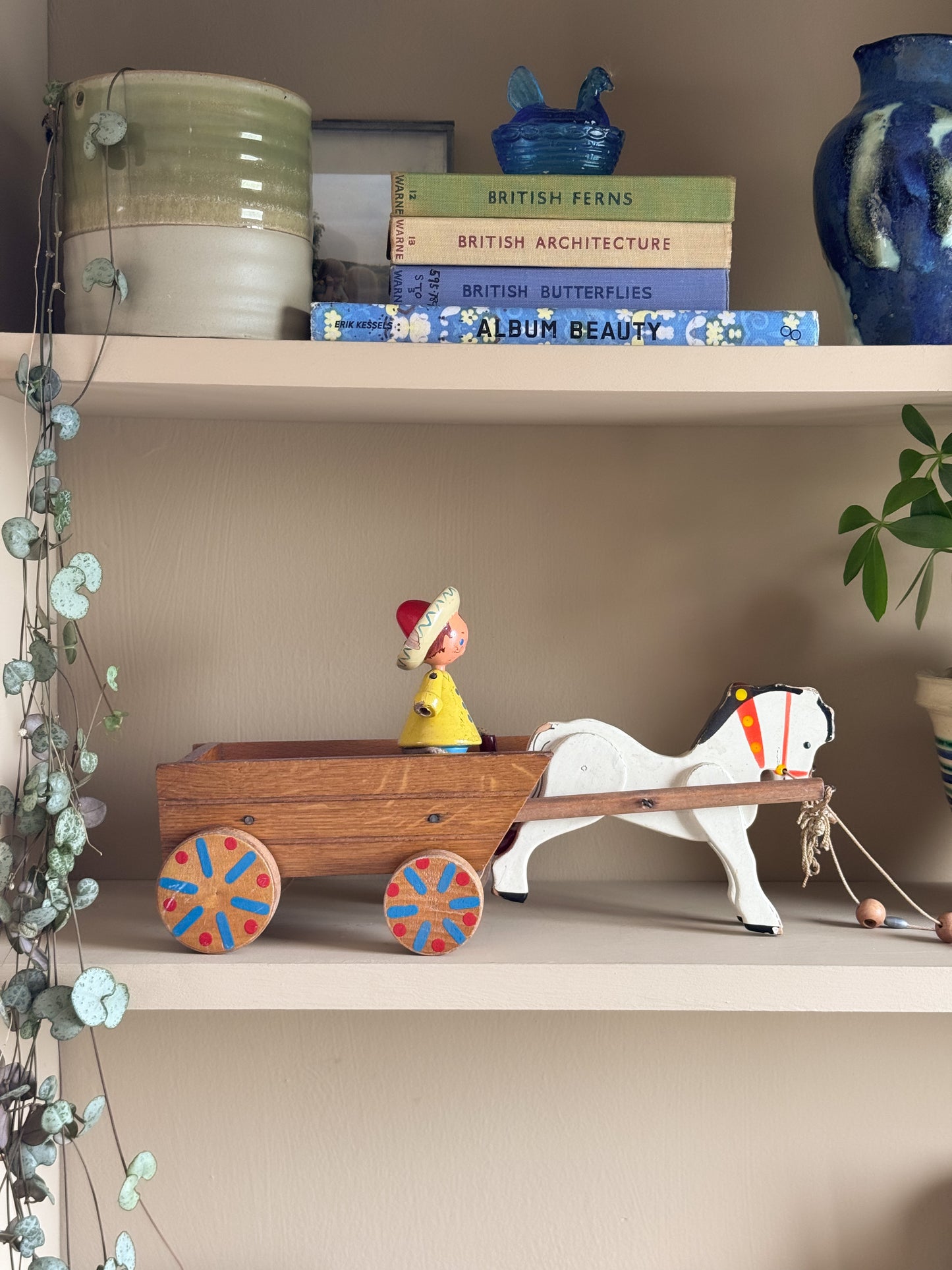 Vintage 1950s Handmade Wooden Horse & Cart Toy