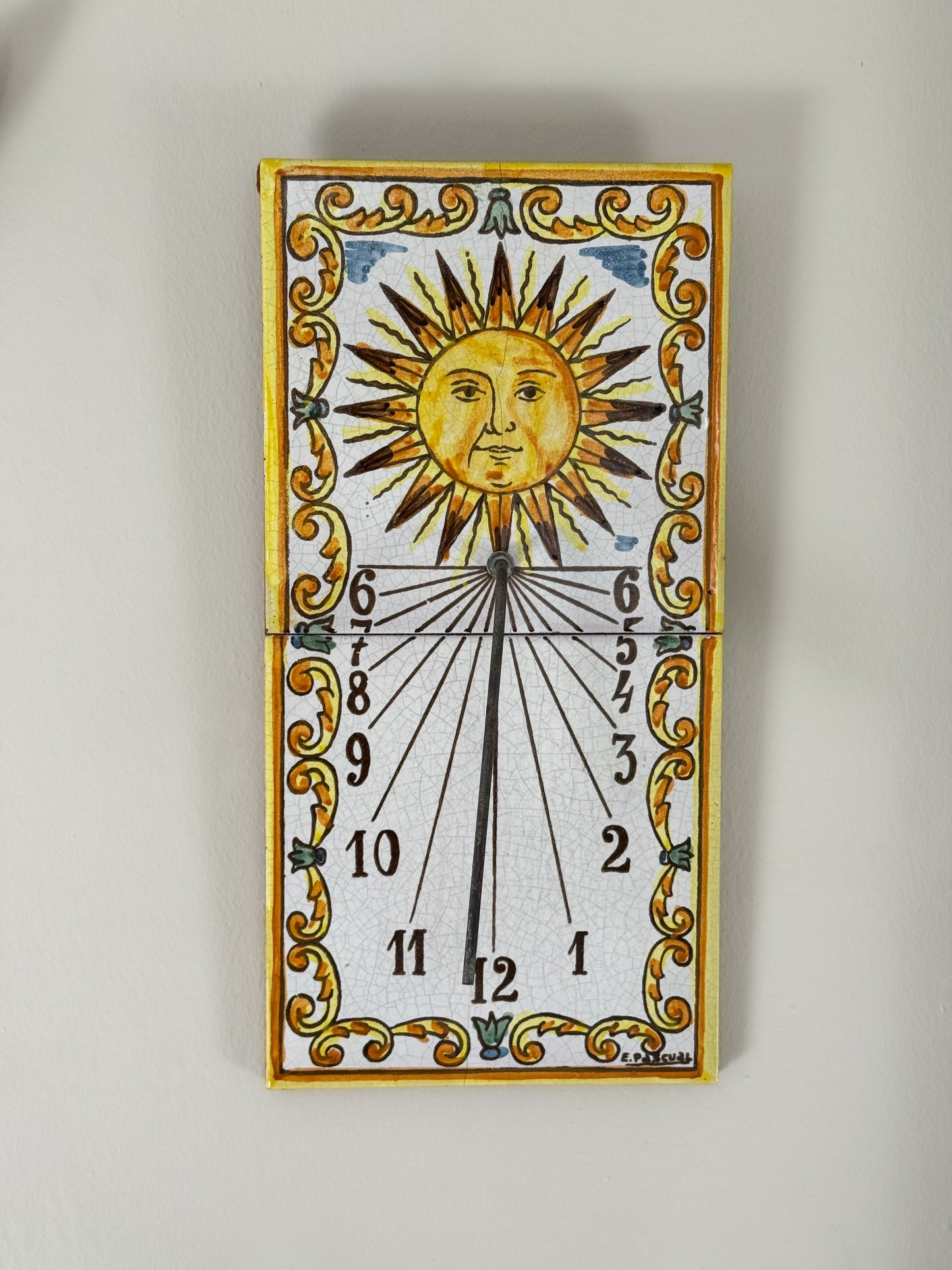 Rare Vintage Portuguese Tile Sundial, Signed E. Pascual (Pascual Zorrilla)