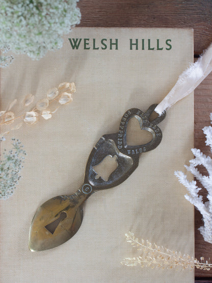 Vintage Handmade Solid Brass Welsh Love Spoon, Pontypridd, South Wales