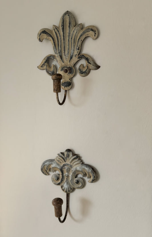 Vintage French fleur-de-lis Tin Coat Hook Pair