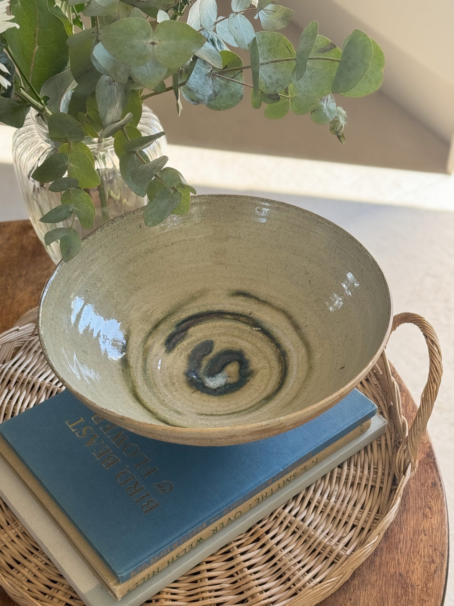 Large Studio Pottery Neutral Olive Green Swirl Bowl