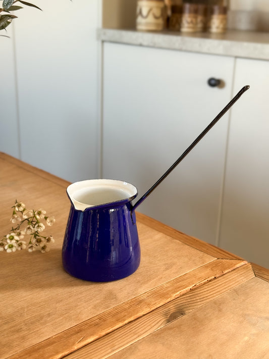 Vintage Cobalt Blue Enamel Milk Pot with Long Handle - Made in Yugoslavia