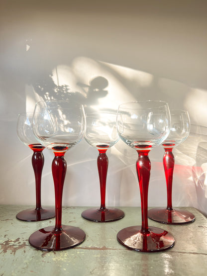 Vintage Handblown Red Stem Wine Glasses | Set of 5