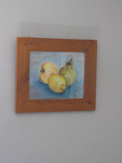 Vintage Original Still Life Pastel Drawing ‘Three Fruits’ by C. Walley | Handmade Pine Frame