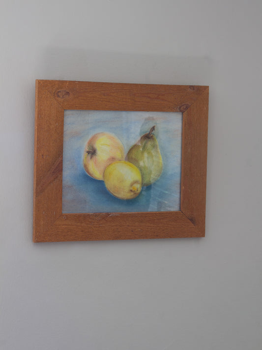 Vintage Original Still Life Pastel Drawing ‘Three Fruits’ by C. Walley | Handmade Pine Frame